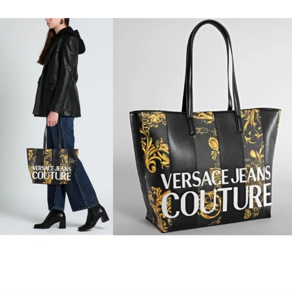Versace Jeans Couture Baroque StripePatchwork PU 2-Piece Logo Tote & Pouch Set